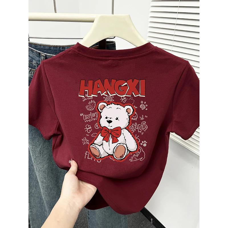 酒红色正肩短袖t恤女2025夏季新款圆领卡通小熊印花超好看上衣ins