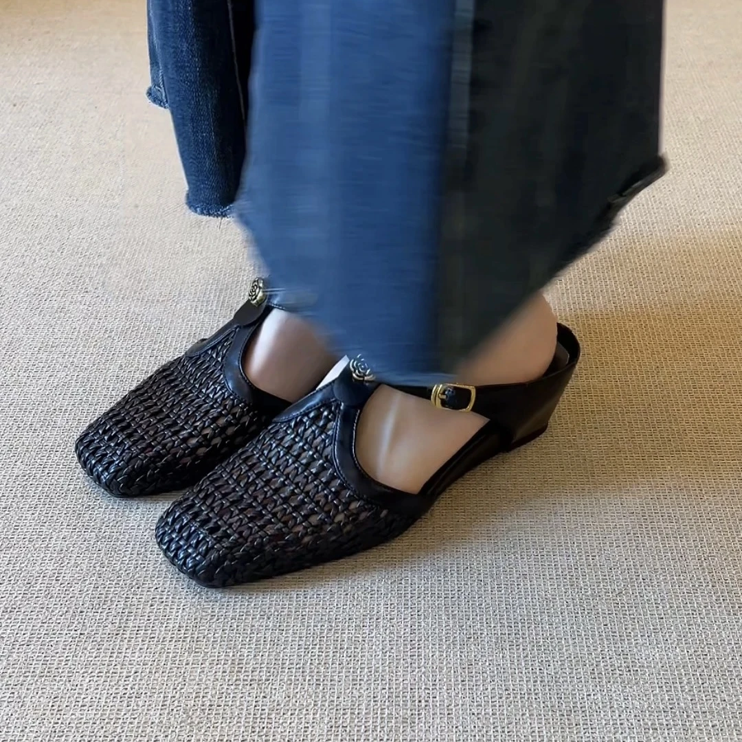 2025夏季新款名媛淑女风一脚蹬羊皮版手工编织包头半拖内增高拖鞋