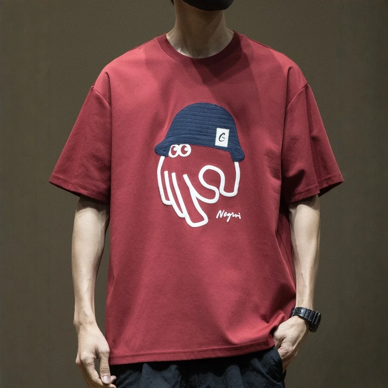 32支三本针精梳纯棉t恤短袖男红色2025夏季新款宽松潮牌体恤衫夏