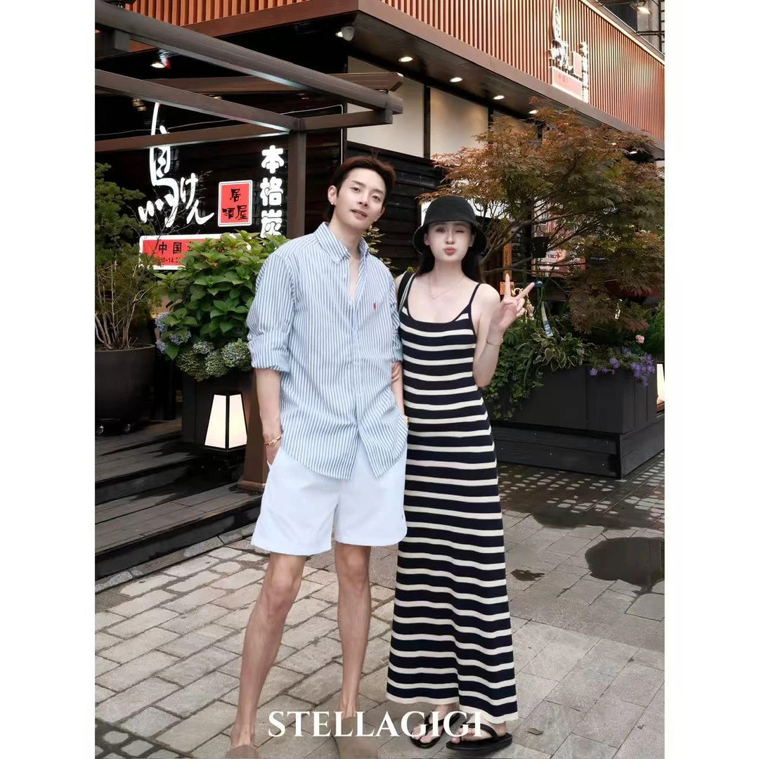 SG / 郭幂幂 SS 100%天丝 前后两穿简约针织蓝白条纹裙Q-20251527