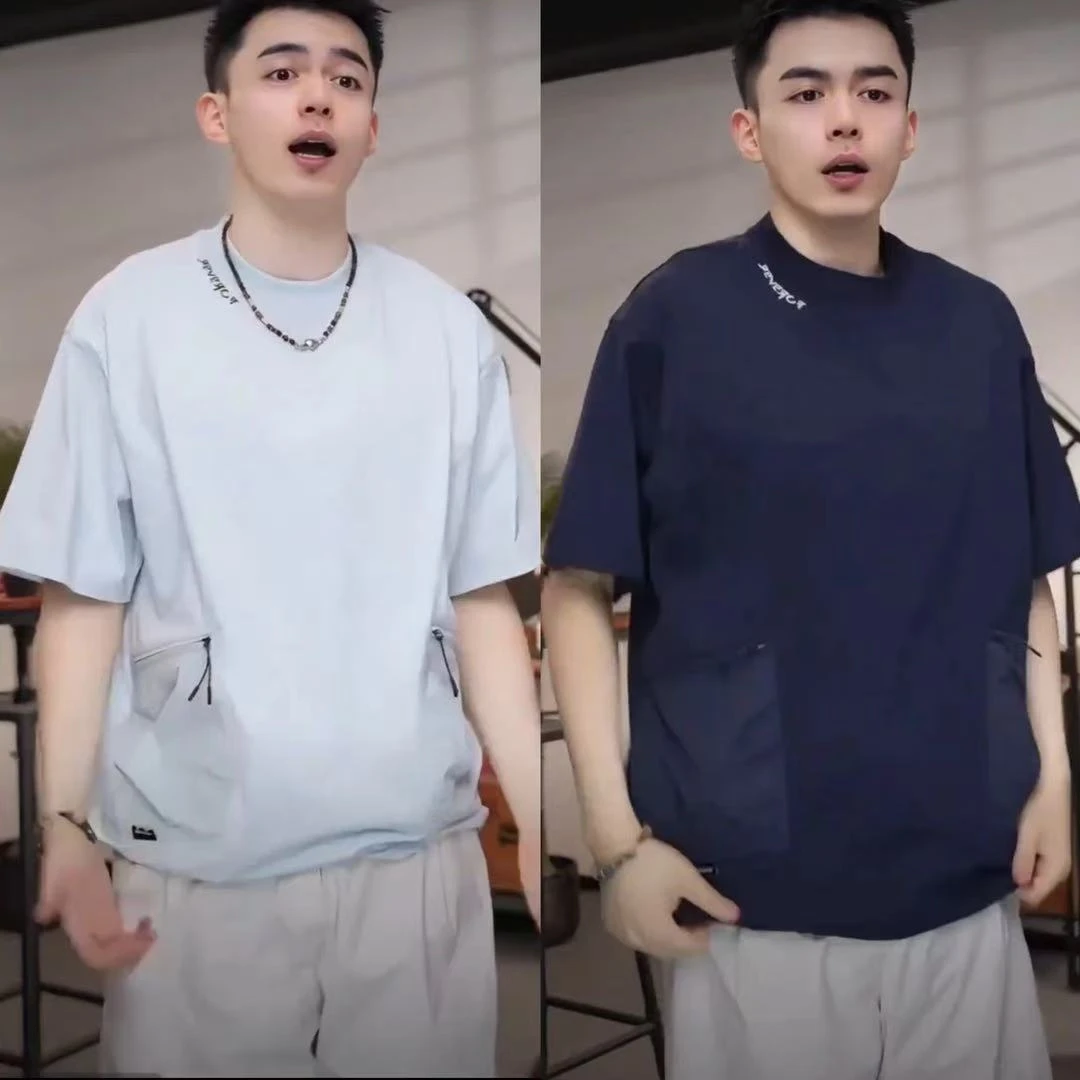 O.P.G【小众设计领口刺绣拼接透气T恤】夏季情侣纯色百搭短袖时尚