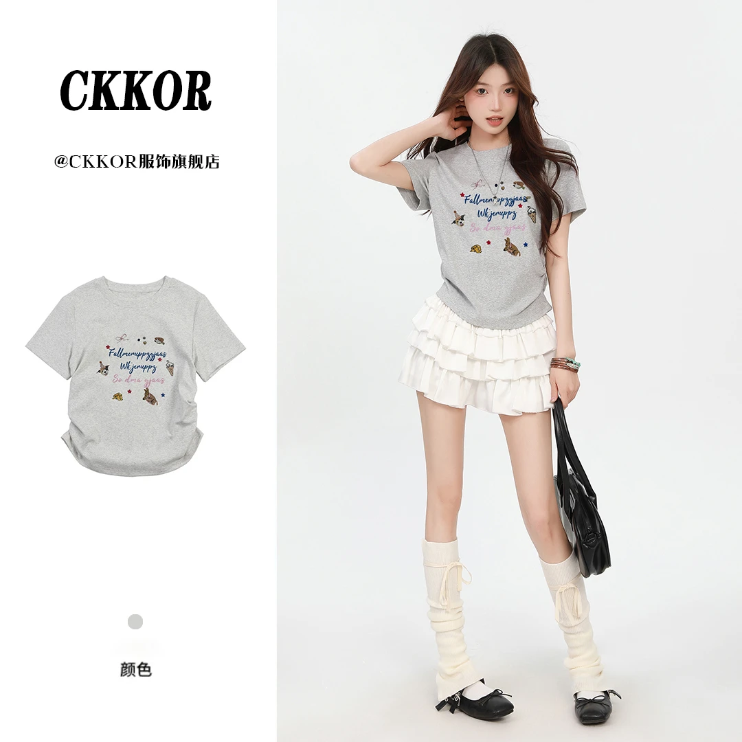 CKKOR夏季新款短款修身显瘦短袖女t恤辣妹风法式小众高级感上衣服
