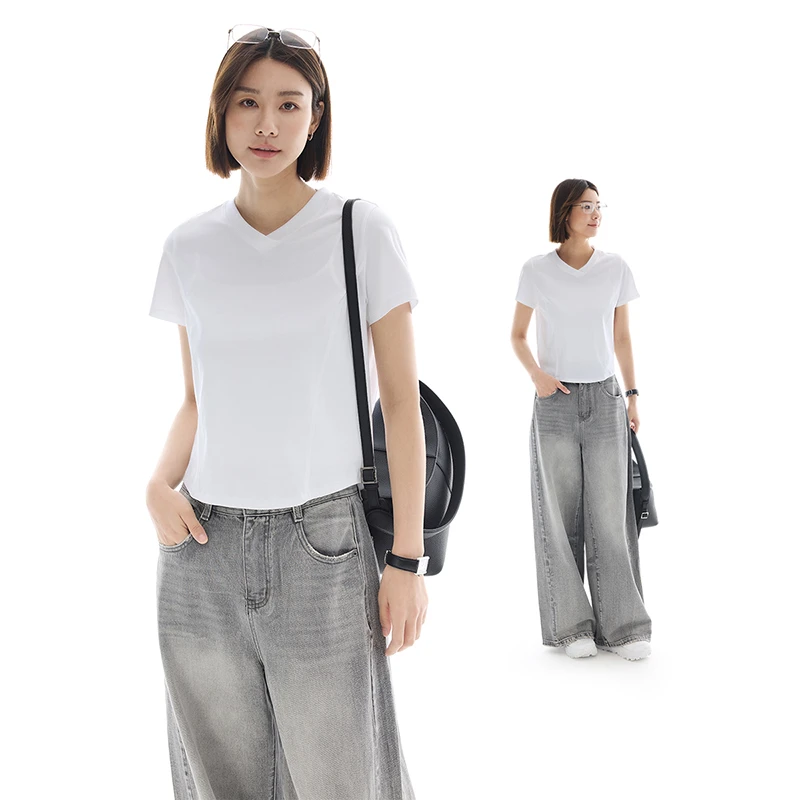 CLOUDSPACE/云上生活【V领小白T】纯棉短款圆领短袖女T恤2025夏上衣