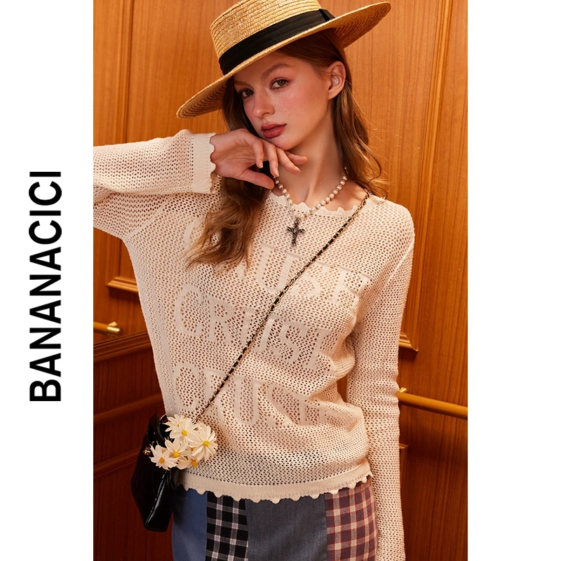 BANANA CICI2025年春季新款休闲亚麻棉镂空字母提花长袖针织衫