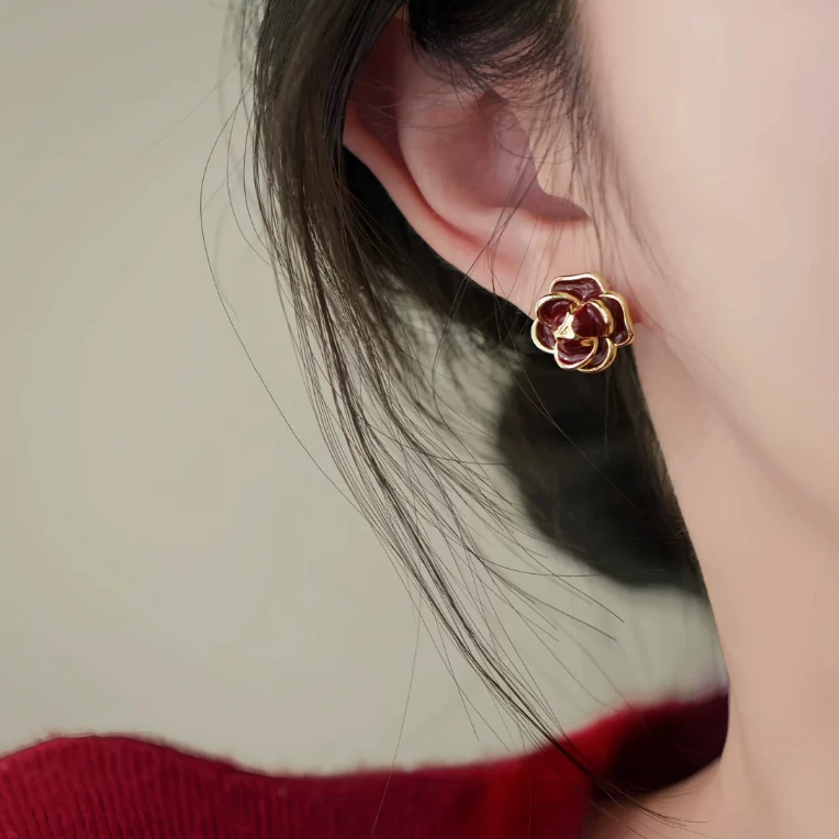 铜合金耳饰 《货号6680》年款红色山茶花耳钉