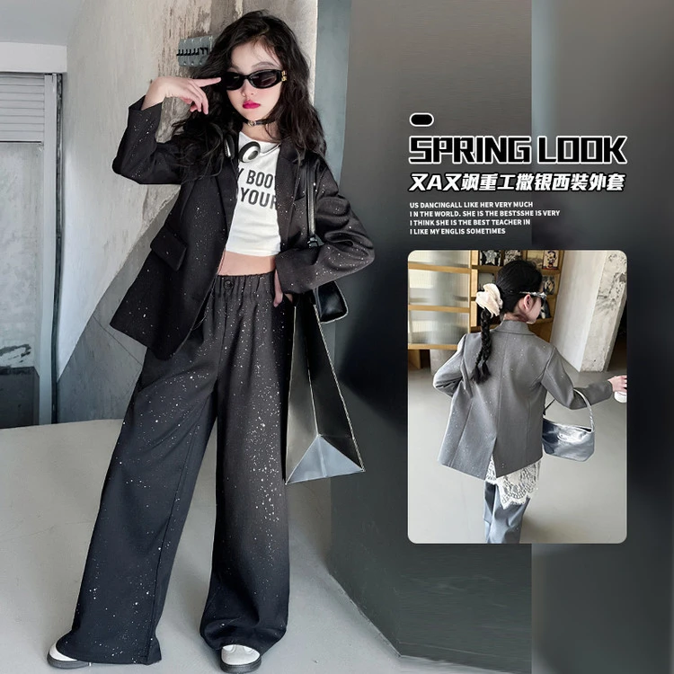 酷飒拽姐西服套装女童2025新款时髦设计感中大童撒银阔腿裤两件套
