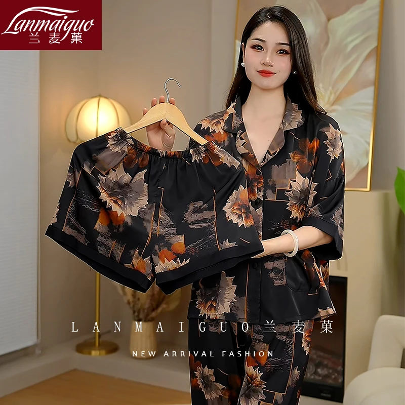 兰麦菓【花影梦】夏季冰丝睡衣女薄款国风印花宽松家居服三件套出门