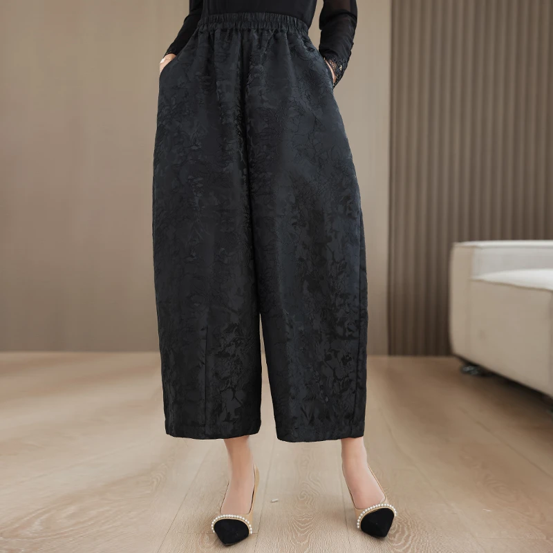 [追梦百货高定版]松紧腰提花休闲直筒裤女新款高腰显瘦宽松九分裤