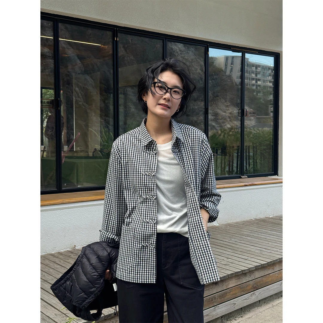 LANGQING 纯棉复古翻领格子盘扣长袖外套43955#