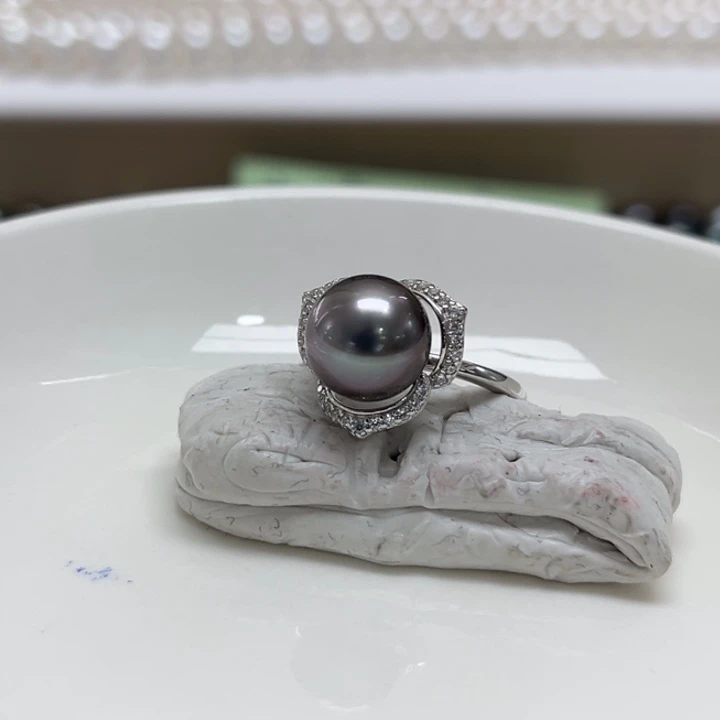 银S925镶嵌戒指海水珍珠大溪地9-10m 43号
