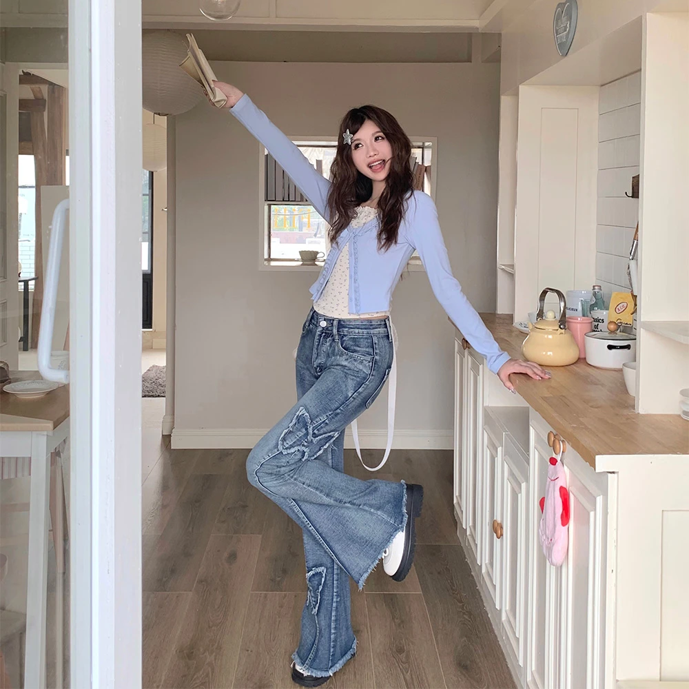 轻氧花时光 织物猪原创 韩系蕾丝花边优雅假两件上衣喇叭牛仔裤