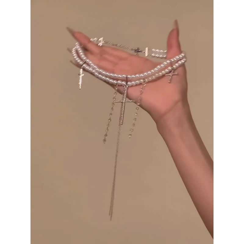 铜合金仿珍珠吊坠 双层珍珠十字架项链女小众轻奢choker锁骨链