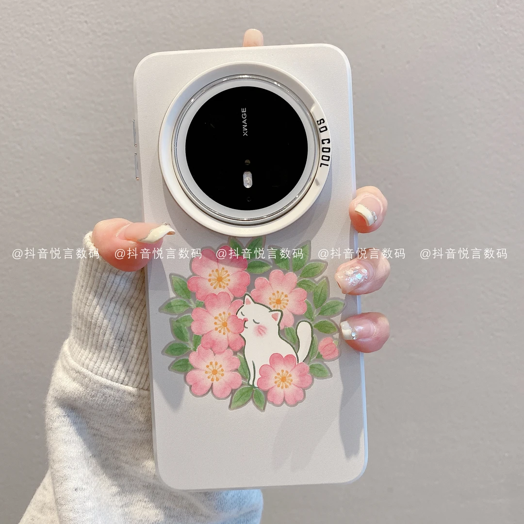 (华为mate系列)磨砂彩银适用华为mate70pro/60/50绿底花猫手机壳