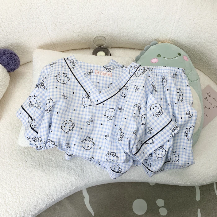 【蓝格凯蒂】夏季甜美睡衣云朵棉卡通印花家居服V领两件套装可外穿