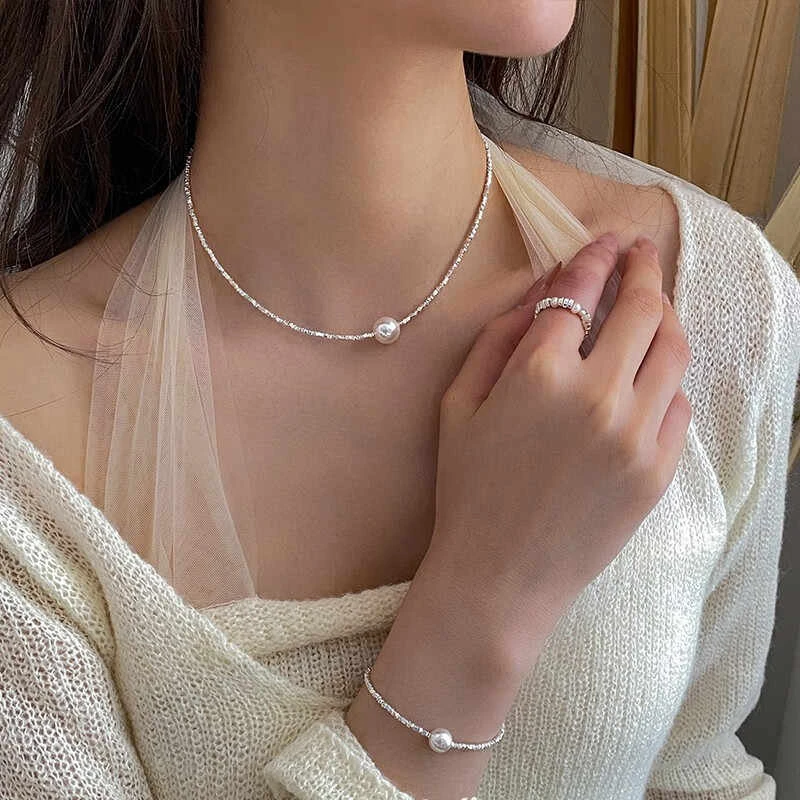 链子足银仿珍珠 极细简约超闪锁骨链淡水珍珠碎银几两手链礼物