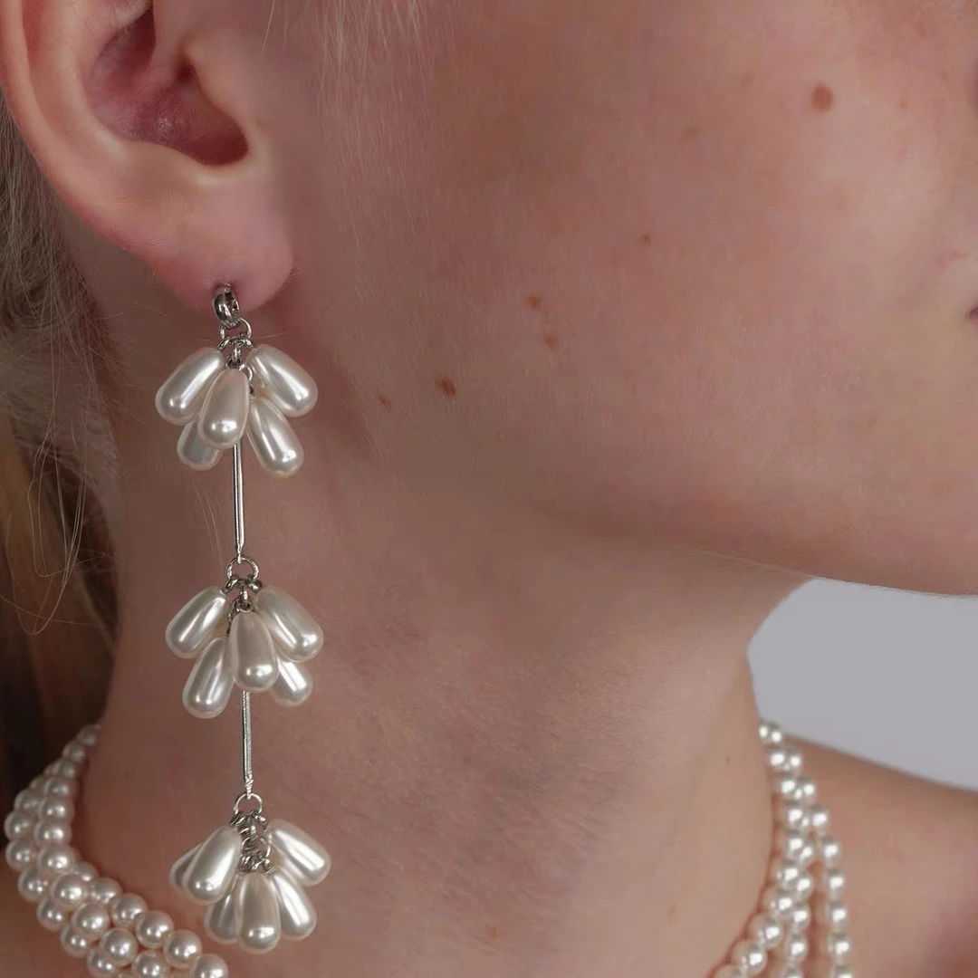 铜合金仿珍珠耳饰 4491西洋中古风 vintage复古白色珠珠流苏耳环