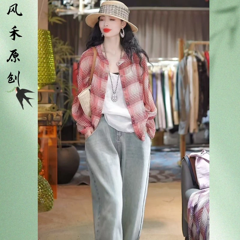 风禾原创【95223】夏季时尚百搭显瘦圆领休闲格子长袖防晒衬衫女