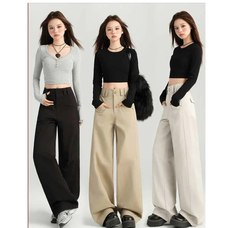 琥珀流光早秋新款韩版高腰设计宽松休闲裤女阔腿直筒拖地裤子显高