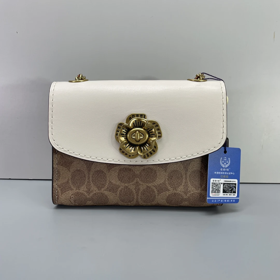 95新 COACH/蔻驰 小林parker18山茶花白拼链条包18*13*7cmB071303