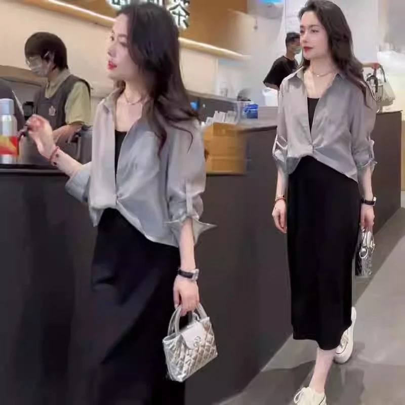 新款夏季潮流遮肉显瘦百搭防晒两件套吊带裙衬衫胖女士时尚休闲装