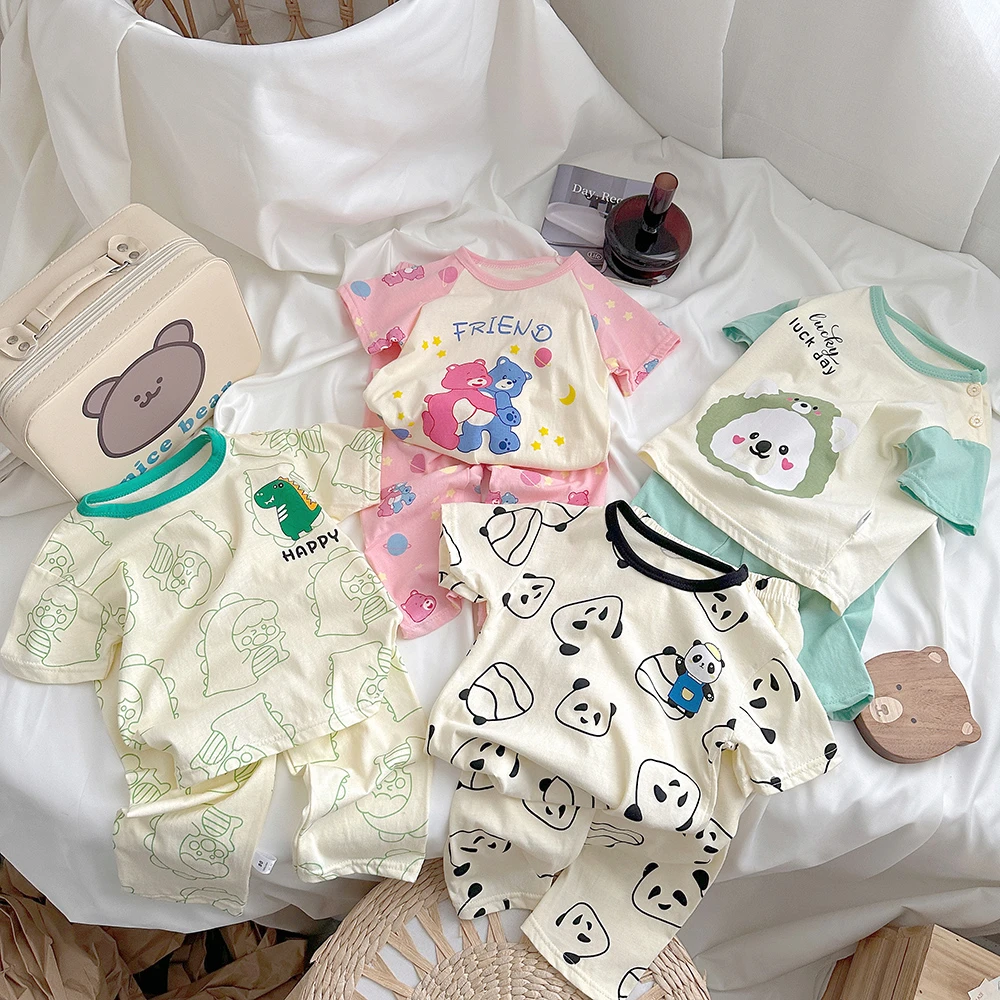 儿童短袖套装纯棉夏季宝宝t恤长裤男童衣服空调服女童夏装童装