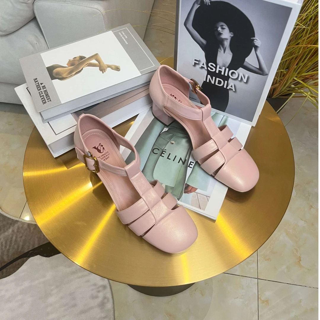 范戈希跟4cm高全羊皮夏纯色粗跟罗马凉鞋浅口方头百搭气质买1赠3