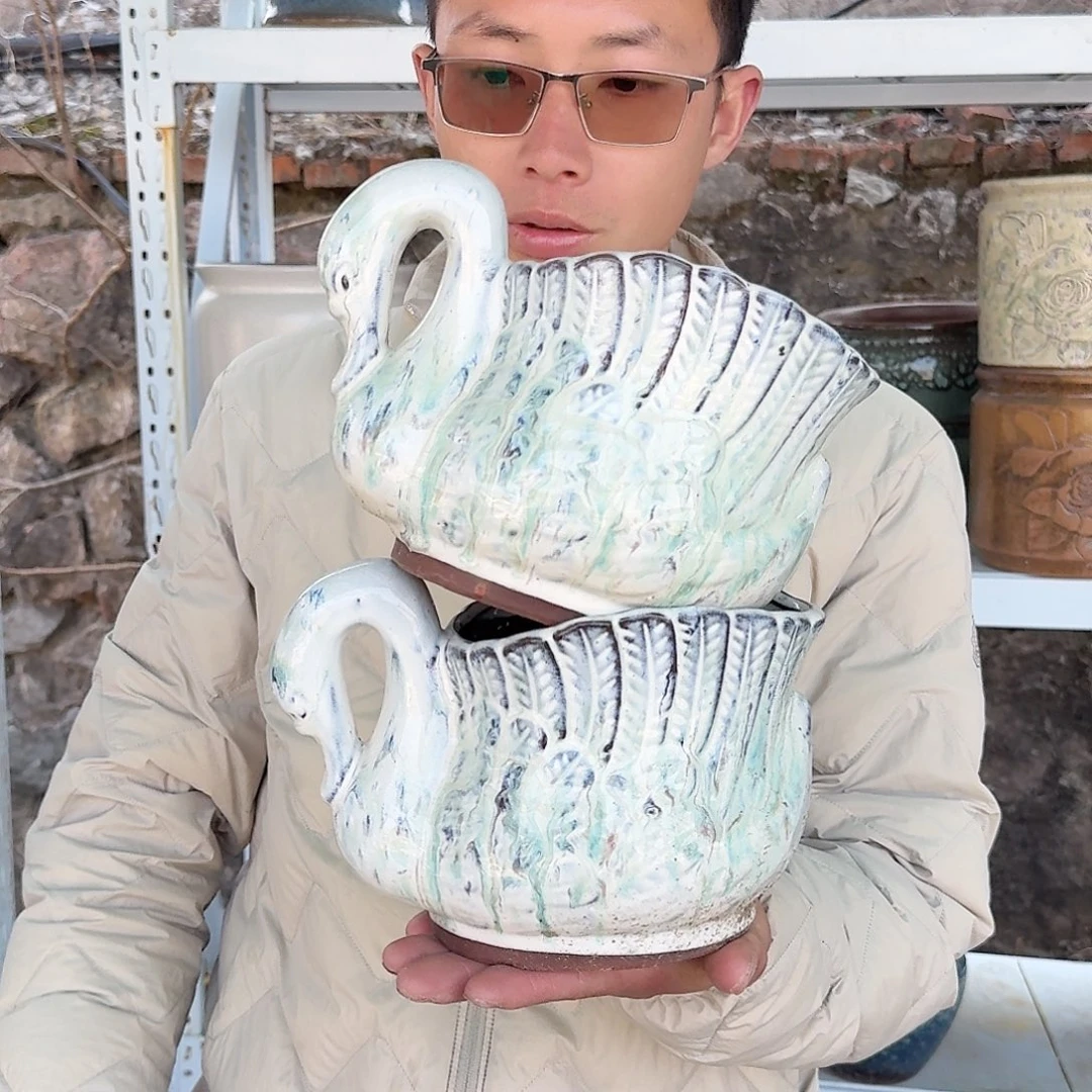 紫砂花盆鹅两个颜色随机两个