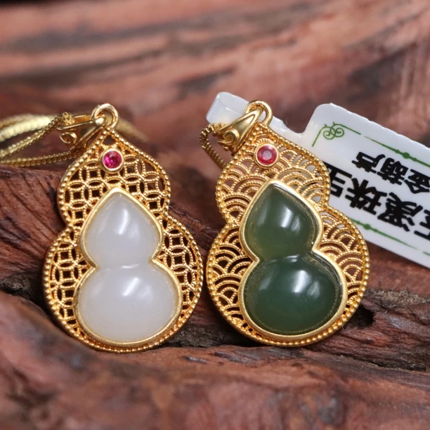 天然和田玉葫芦吊坠18k金镶多样性发1