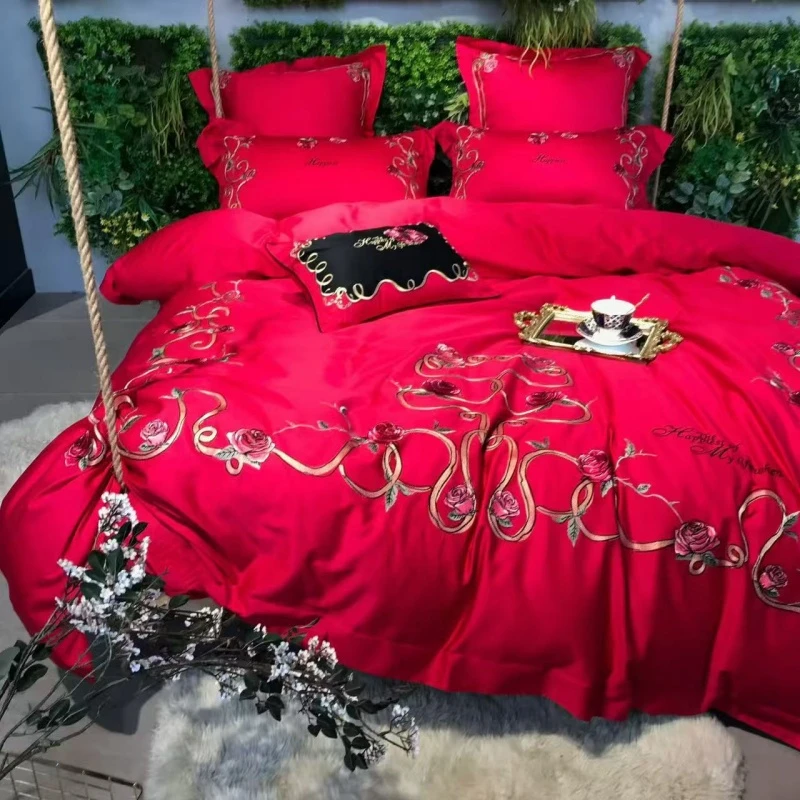 【挚爱】婚庆匹马棉纯棉绣花四件套 全棉大红喜结婚床上用品