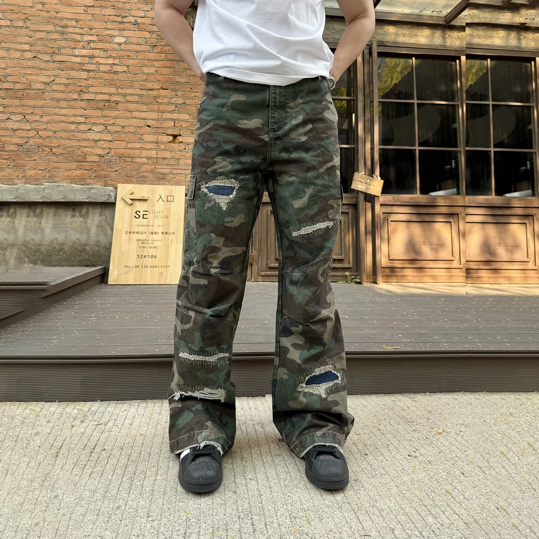 军事风cargo迷彩工装裤破坏贴布绣花宽松休闲裤军鸟复古直筒长裤