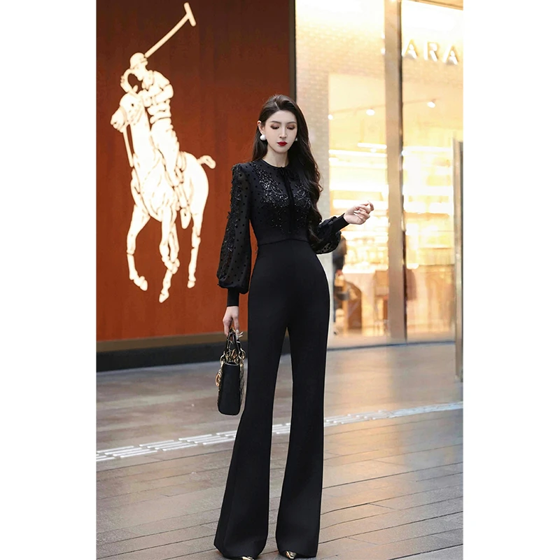 【尤克菲儿】原创设计高定罗马纹网纱微喇裤高腰显瘦优雅黑色连体裤