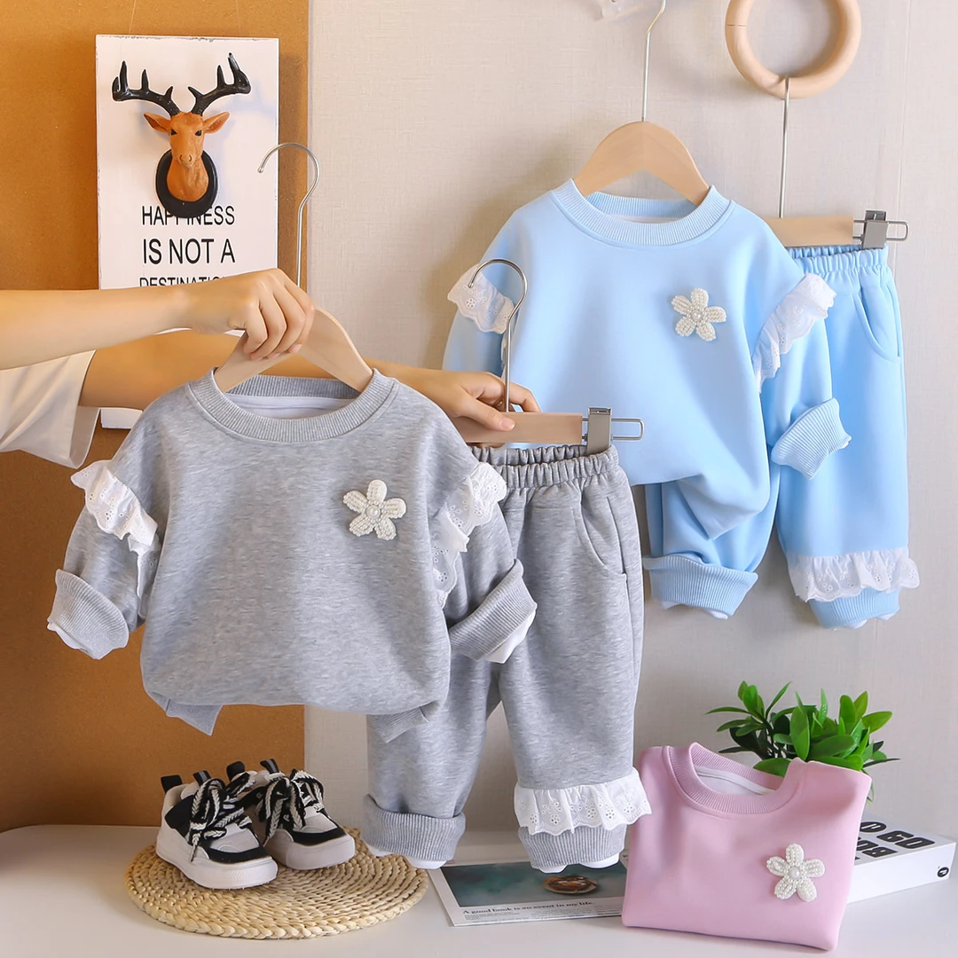 女童春秋新款衣服1-2-3-4岁儿童休闲洋气花边卫衣宝宝韩版套装潮