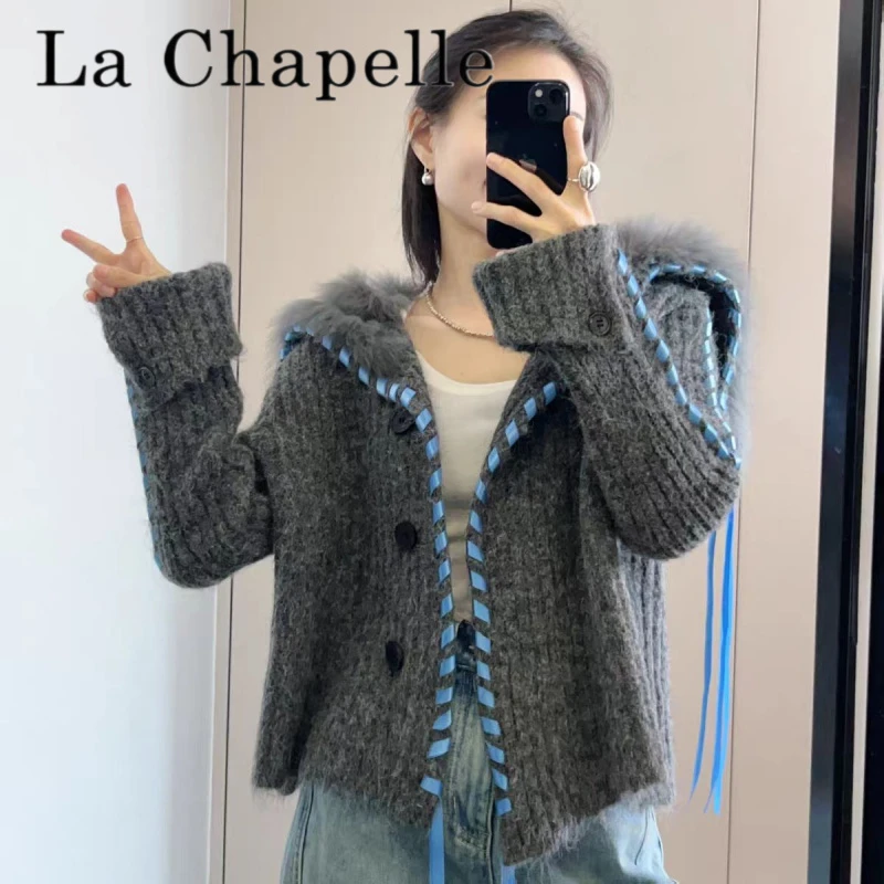 拉夏贝尔韩系复古大翻领毛衣外套女春秋季设计感飘带软糯宽松针织