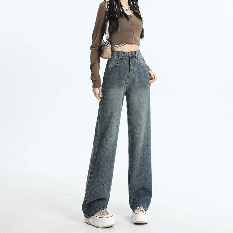 大码胖mm复古高腰阔腿牛仔裤女2025春季新款宽松显瘦直筒拖地裤潮