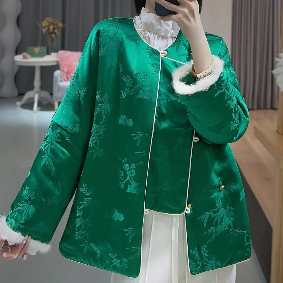 2025秋冬加厚夹棉圆领新中式棉袄外套斜襟国风大红色棉衣袄子