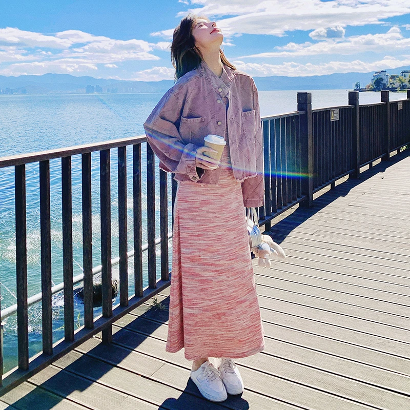 树莓粉牛仔外套针织吊带裙两件套女2025年春秋新款韩系氛围感套装