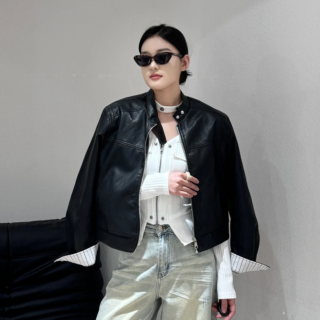 2025早春新款立领拼接短款皮衣外套女高级感复古机车夹克164801