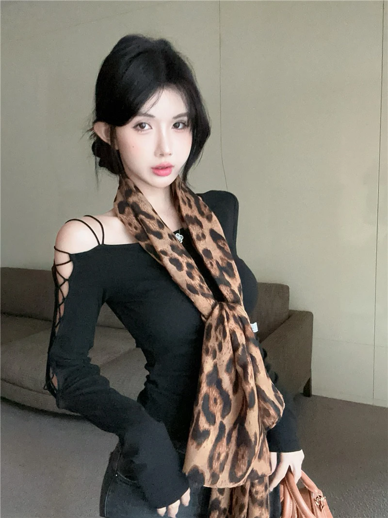 浠儿姐姐斜露肩系带心机长袖针织T恤女修身设计感打底衫上衣