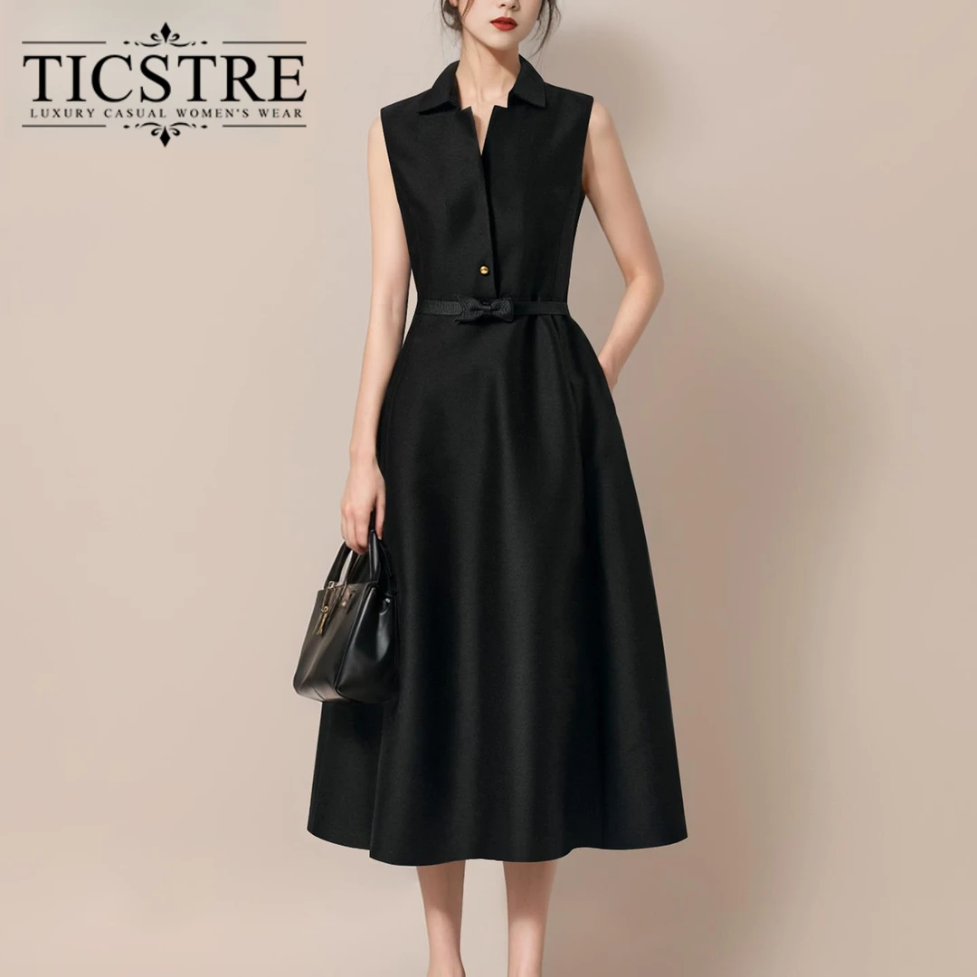 TICSTRE赫本风洋装女夏法式小黑裙礼服重要场合气质衬衫裙长裙