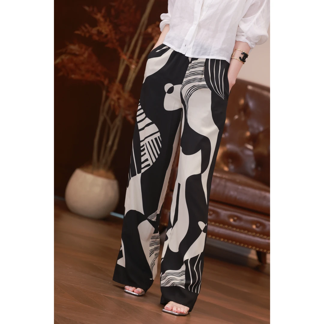 【白色背心】DR杨圣坤2024新款双绉抽象印花休闲裤女DR2404-1317