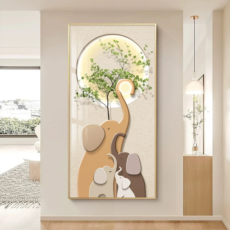 现代简约入户玄关装饰画奶油风大象走廊过道挂画绿植竖版进门壁画