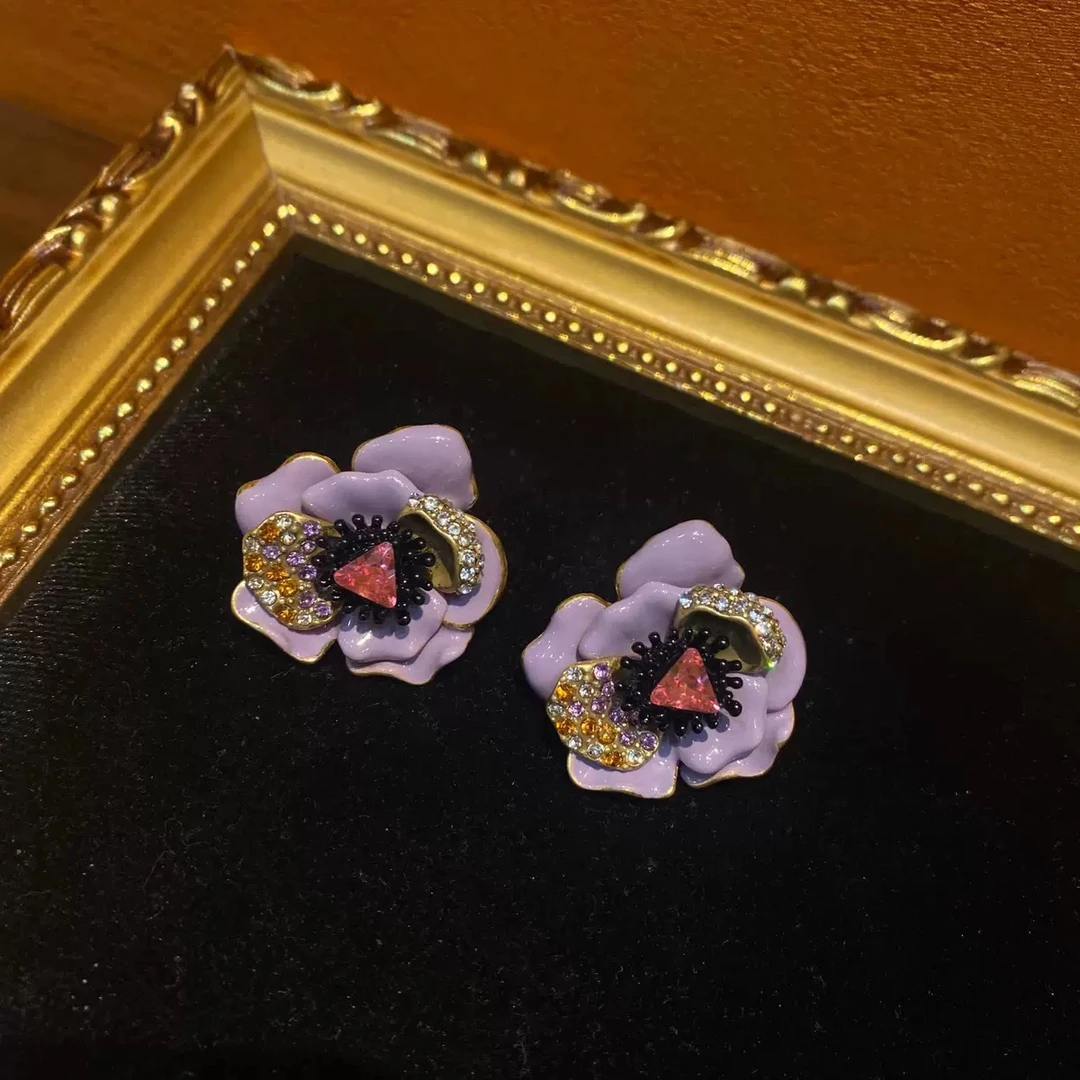 铜合金陶瓷仿水晶耳饰 原创设计女紫色复古耳钉饰品耳饰气质