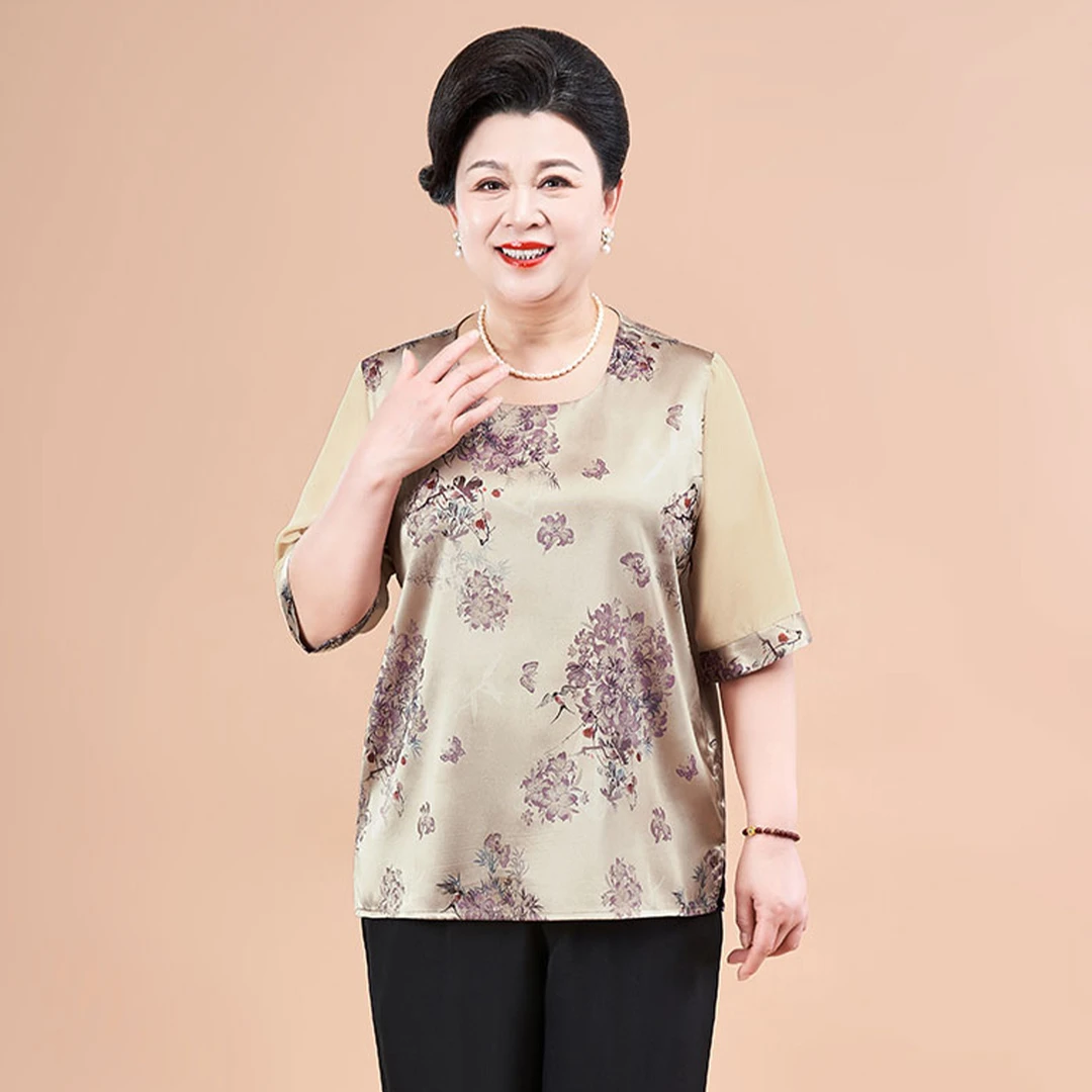 妈妈装春夏新中式圆领五分袖印花T恤中老年女装妈妈装母亲节服装