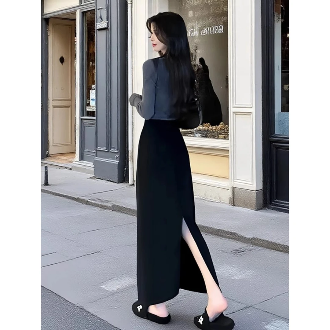 黑色西装直筒包臀半身裙女夏季款大码胖mm高腰a字裙开叉半身长裙