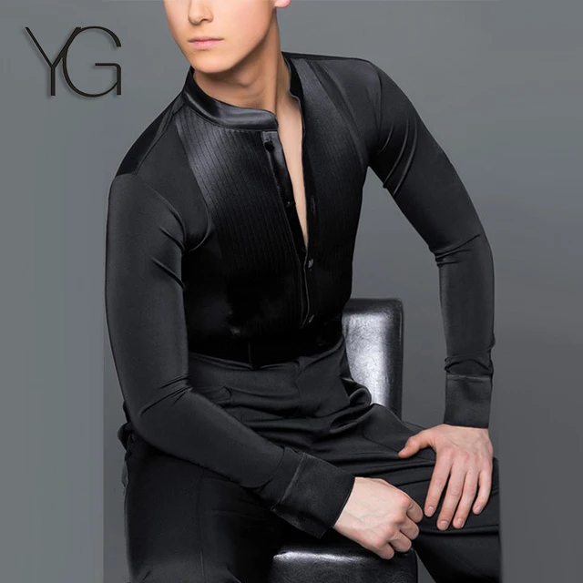 新款摩登舞长袖弹力上衣拉丁国标舞蹈练功服男士交谊跳舞演出衬衣