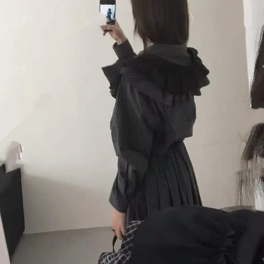 小韩格纹衬衣裙子群帘三件套衬衣衣服