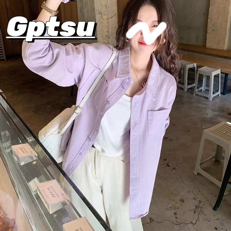 GPTSu早秋薄款浅紫色牛仔衬衫长袖女高级感时尚休闲衬衣外套上衣