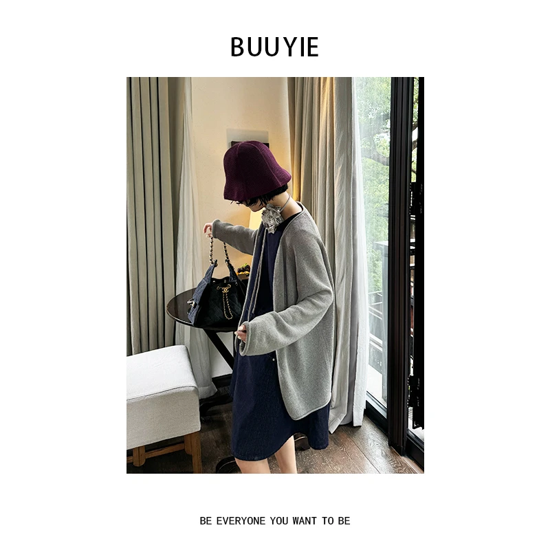 BUUYIE 25SS【烬灰‌】时尚圆领百搭亚麻针织开衫外套 250577