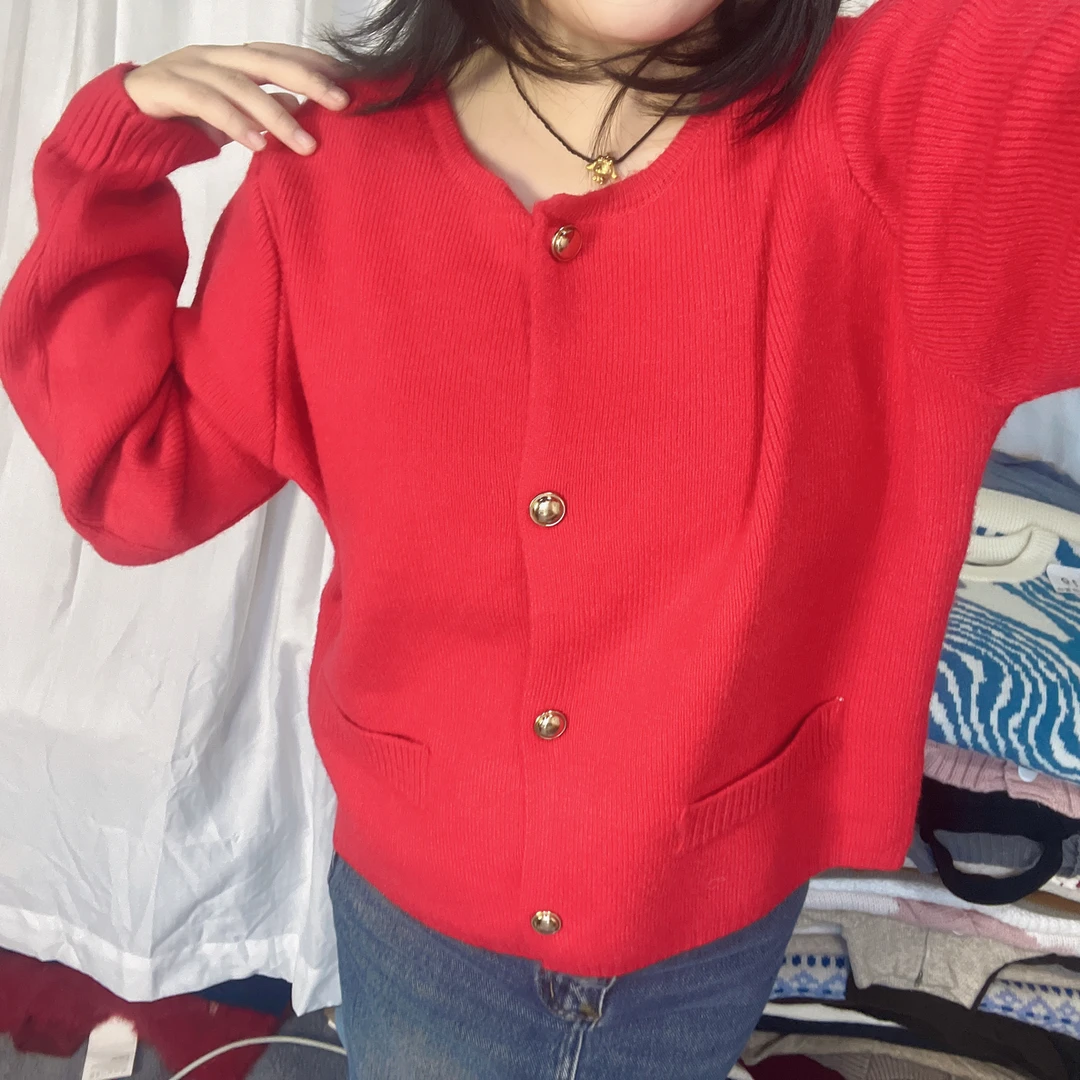 秋季新款休闲风针织开衫红色绿色卡其色