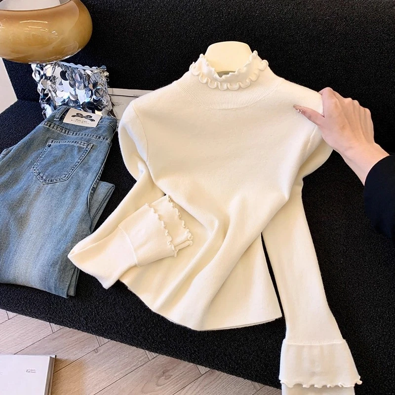 女秋冬季高端女装2025新款木耳花边半高领针织衫打底内搭上衣